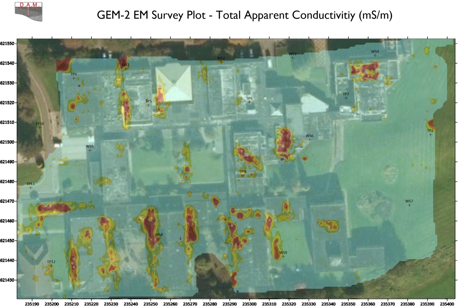 A GEM-2 electromagnetic survey plot showing total apparent conductivity across a site, overlaid on an aerial image with high-conductivity anomalies picked out in red.
